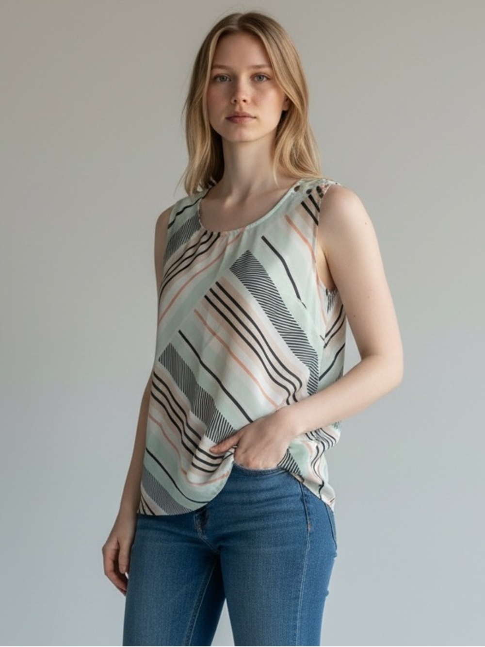 Ann Taylor Mint Green Striped Sleeveless Blouse